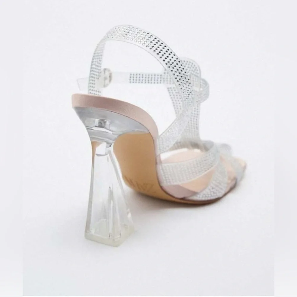 NWT. Zara Transparent Vinyl High Heel Sandals with Rhinestones Details Size 7,5.